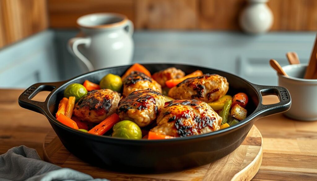 a cozy, minimal kitchen with wooden textures and light blue accents, showcasing a cast iron skillet filled with various creative chicken recipes: juicy chicken thighs seared to perfection, accompanied by vibrant vegetables like brussels sprouts, carrots, and bell peppers, all beautifully arranged in a visually appealing, rustic composition. the scene is bathed in warm, natural lighting, emphasizing the rich, earthy tones of the ingredients and the textured surfaces of the cookware. the image exudes a sense of simplicity, comfort, and culinary inspiration, perfectly capturing the essence of "Creative One Pan Chicken Recipes".