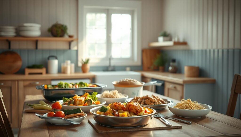 a cozy, minimal kitchen with wooden textures and light blue accents, showcasing a variety of one-pan dinner ideas arranged on a wooden table, including roasted vegetables, baked chicken, and a pasta dish, illuminated by soft, natural lighting, creating a warm and inviting atmosphere, no hands visible