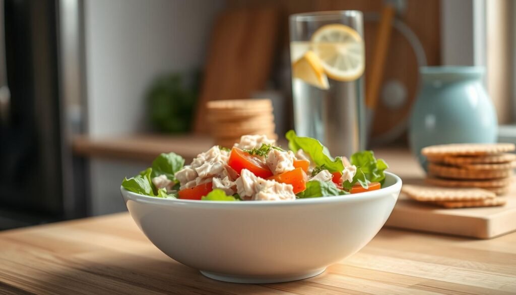a cozy, minimal kitchen with wooden textures and light blue accents. in the foreground, a simple but delightful summer tuna salad nestled in a white ceramic bowl, the flaky fish and crisp veggies glistening under soft, natural lighting. behind it, a stack of whole-grain crackers and a glass of lemon-infused water, creating a refreshing, no-heat lunch option. the scene conveys a sense of lightness and simplicity, perfect for a hot summer day.