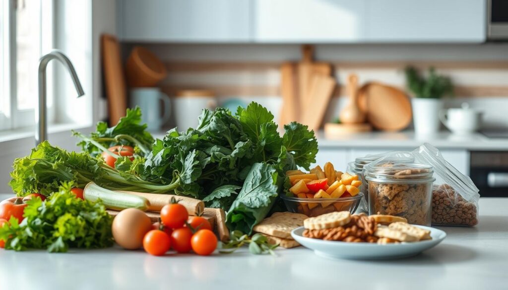 a cozy, minimal kitchen with wooden textures, light blue accents, and no hands. A variety of no-cook lunch meal prep ideas are neatly arranged on the counter, including fresh vegetables, leafy greens, crunchy snacks, and portable protein sources. The natural lighting highlights the vibrant colors and textures of the ingredients, creating an appetizing and visually appealing scene. The composition emphasizes the ease and simplicity of these nutritious, no-fuss lunch options, perfect for hot weather when cooking is undesirable. The overall atmosphere is clean, organized, and inviting, reflecting the theme of 
