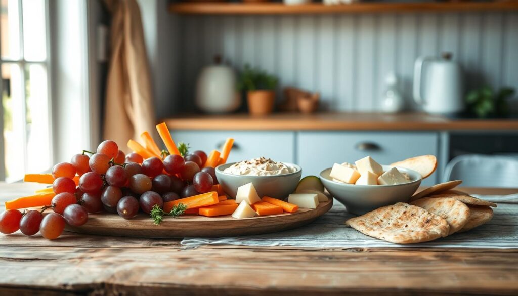 a cozy minimal kitchen with wooden textures, light blue accents, and no hands. on a rustic wooden table, an assortment of healthy snack ingredients are neatly arranged - juicy grapes, crisp apple slices, creamy hummus, crunchy carrot sticks, tangy cheese cubes, and toasted pita wedges. the natural lighting casts soft shadows, highlighting the vibrant colors and textures of the fresh, wholesome components of a perfect snack plate.