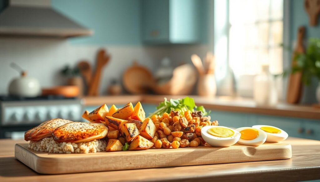 a cozy, minimalist kitchen interior with light blue accents and wooden textures, showcasing a variety of protein-rich toppings for grain bowls, such as seared chicken breast, grilled tofu, roasted chickpeas, and hard-boiled eggs, arranged artfully on a wooden surface, with natural lighting illuminating the scene, creating a warm, inviting atmosphere that captures the essence of 