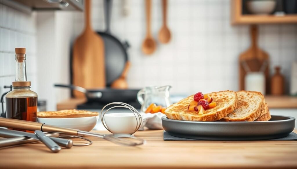 a cozy, minimalist kitchen interior with wooden textures and light blue accents, featuring an assortment of high-quality French toast preparation tools and equipment placed on a wooden countertop. In the foreground, there are a set of metal utensils including a whisk, spatula, and tongs, along with a small ceramic bowl and a glass bottle of maple syrup. In the middle ground, a heavy-duty frying pan and a stack of thick-cut bread slices sit next to a small pitcher filled with a vibrant fruit compote. The background showcases a simple white tile backsplash and a few hanging utensils, creating a warm, inviting atmosphere perfect for making a delicious low-sugar French toast breakfast.
