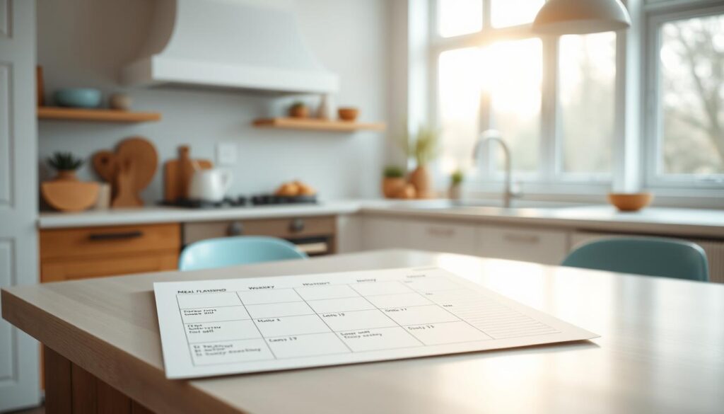 a cozy, minimalist kitchen with warm wooden textures and light blue accents, a weekly meal planning worksheet laid out on a clean countertop, showcasing neatly organized recipe cards, portion sizes, and grocery lists, illuminated by soft, natural lighting from large windows, conveying a sense of calm focus and intentional meal preparation