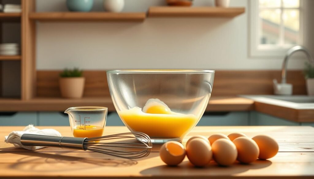 a detailed step-by-step illustration of mixing eggs in a medium-sized glass mixing bowl on a wooden kitchen counter, with a whisk, a measuring cup, and fresh eggs in the foreground. soft, natural lighting from a window illuminates the scene, creating a warm, inviting atmosphere. the background features minimalist wooden shelves and light blue accents, conveying a cozy, modern kitchen setting. the composition emphasizes the process of egg preparation, with a focus on the various stages of whisking and combining the ingredients.