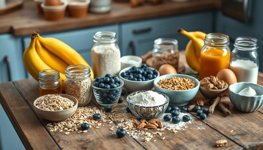 a high angle view of an assortment of wholesome muffin ingredients neatly arranged on a rustic wooden table in a cozy, minimal kitchen with light blue accents. The scene includes ripe bananas, juicy blueberries, rolled oats, honey, nuts, eggs, and flour in glass jars and bowls, all bathed in soft, natural lighting that highlights the textures and colors. A sense of warmth, wholesomeness, and culinary inspiration permeates the scene.