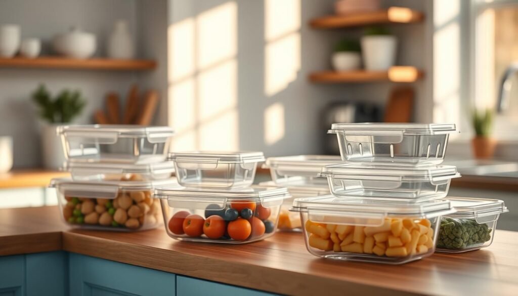 a high-quality, well-organized set of food storage containers in various shapes and sizes made of clear, durable glass or BPA-free plastic, arranged neatly on a wooden kitchen counter with light blue accents; the containers are clean and free of any labels or logos, showcasing their minimalist and functional design; the lighting is soft and natural, creating a warm, inviting atmosphere in the cozy, minimal kitchen setting