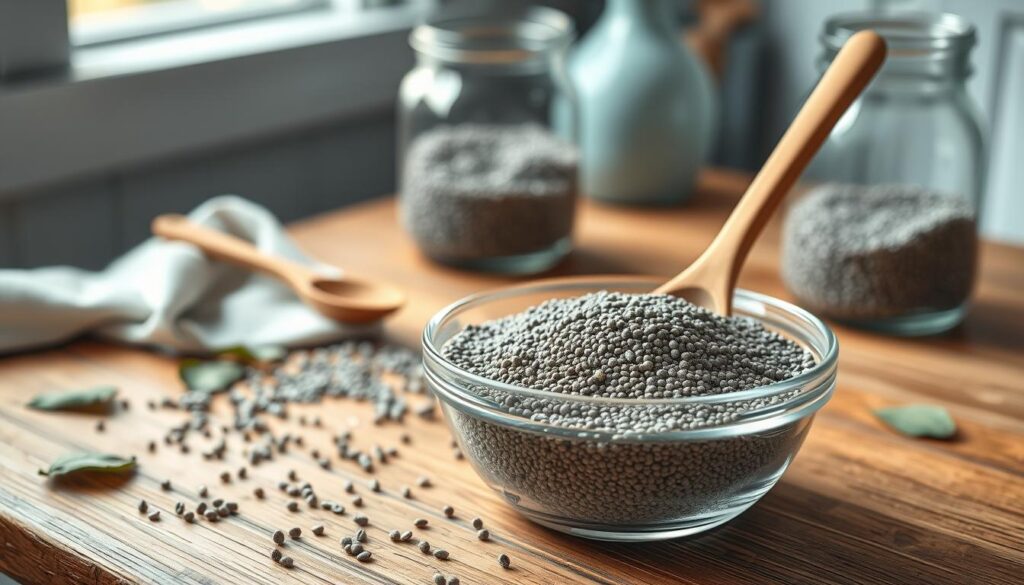 a high-resolution, ultra-detailed still life image of chia seeds in a glass bowl on a wooden table, with a wooden spoon, a glass jar, and leaves scattered around, in a cozy, minimal kitchen environment with light blue accents, soft natural lighting, and a shallow depth of field to emphasize the textures and colors of the ingredients, showcasing the nutritional benefits of chia seeds in the context of an overnight oats recipe