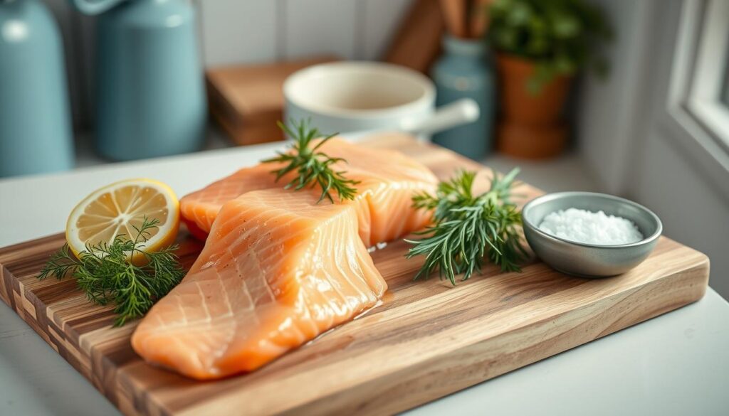a highly detailed, high resolution image of a salmon filet and its key ingredients arranged artfully on a wooden cutting board in a cozy, minimal kitchen with light blue accents. the filet is in the foreground, surrounded by fresh dill, lemon slices, and a small bowl of sea salt. the lighting is soft and warm, creating a natural, appetizing atmosphere. the composition is balanced and visually appealing, showcasing the salmon's vibrant color and fresh quality. the scene is captured from a slightly overhead angle, emphasizing the textures and details of the ingredients.