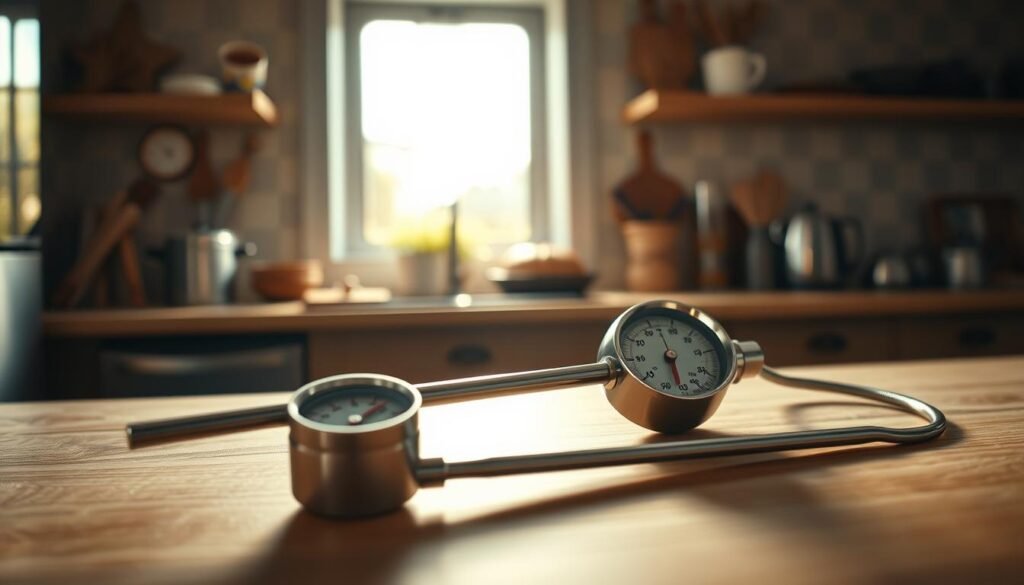 a highly detailed, hyper-realistic photograph of a stainless steel food safety thermometer lying on a wood-grained kitchen counter in a cozy, minimalist cooking space, with soft natural lighting from a window casting warm highlights and gentle shadows across the scene, creating a welcoming, inviting atmosphere that evokes the idea of carefully preparing a nourishing meal with care and attention to food safety