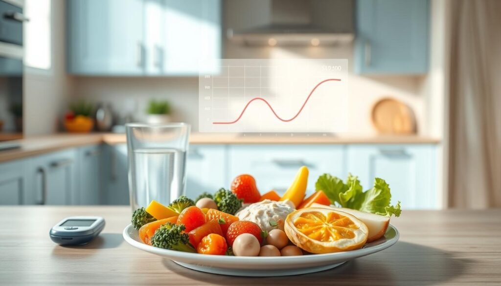 a minimalist kitchen interior with light blue accents, wooden textures, and no human hands visible. in the foreground, a plate featuring a well-balanced, diabetic-friendly meal, with different food groups neatly arranged. the meal is accompanied by a clean, clinical glass of water and a glucose monitoring device, suggesting the focus on blood sugar management. the middle ground showcases a digital display showing a stable glycemic response curve, illustrating the impact of the carefully prepared meal on the user's blood sugar levels. the background features clean, bright lighting, creating a calming, organized atmosphere conducive to healthy habits.