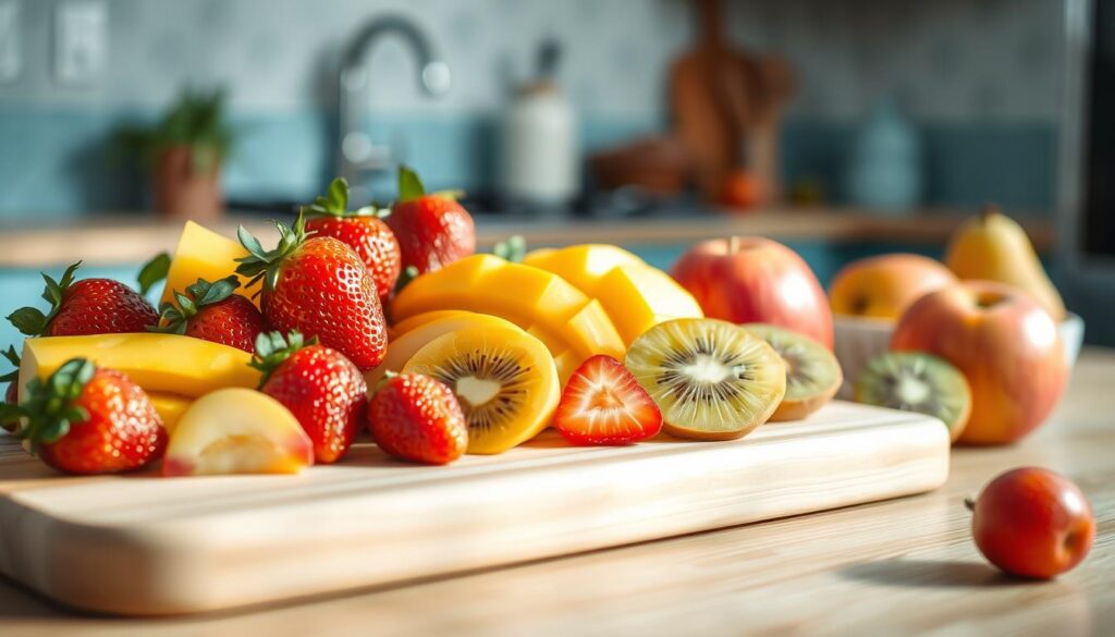 a mouth-watering arrangement of fresh seasonal fruits, such as plump strawberries, juicy mango slices, crisp apples, and vibrant kiwi, artfully composed on a wooden cutting board against a backdrop of a cozy, minimal kitchen with light blue accents. Soft, natural lighting gently illuminates the scene, highlighting the natural textures and vibrant colors of the ingredients. The composition conveys a sense of simplicity and freshness, perfectly capturing the essence of a no-cook, fruit-based breakfast that is both visually appealing and delightfully healthy.