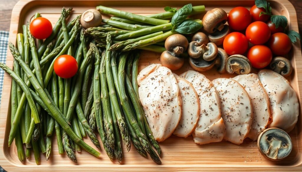 a neatly arranged assortment of fresh, wholesome ingredients on a light-colored wooden sheet pan: crisp green beans, tender asparagus spears, juicy cherry tomatoes, earthy mushrooms, and slices of boneless, skinless chicken breasts seasoned with salt and pepper. the ingredients are evenly distributed across the pan, creating a visually balanced and enticing composition. the scene is bathed in soft, natural lighting that accentuates the vibrant colors and textures of the ingredients. the overall mood is one of simplicity, freshness, and culinary potential, setting the stage for an efficient, nutritious sheet pan meal.