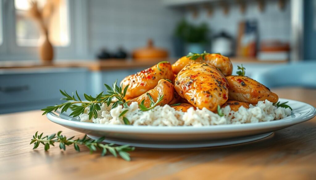 a plate of delectable Greek chicken seasoned with aromatic Mediterranean herbs, nestled on a wooden table in a cozy, minimal kitchen with light blue accents. The chicken is golden-brown and glistening, complemented by the vibrant green of the herbs. The scene is bathed in warm, natural lighting, creating a welcoming and appetizing atmosphere. The focus is on the main dish, with the simple kitchen setting providing a clean, uncluttered backdrop to showcase the high-protein, Greek-style meal.