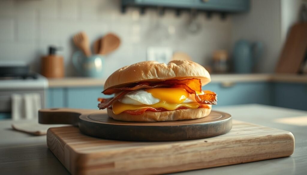 a steaming hot breakfast sandwich made with soft, fluffy brioche buns, perfectly melted cheddar cheese, crispy bacon, and a freshly cracked egg yolk, arranged on a rustic wooden board in a cozy, minimal kitchen with light blue accents, side-lit by warm natural light filtering through a nearby window, creating a soft, inviting atmosphere