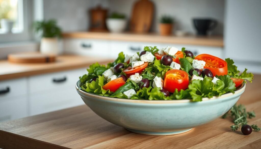 a visually appealing Mediterranean salad beautifully presented on a wooden kitchen counter, with a light blue ceramic bowl filled with crisp greens, juicy tomatoes, tangy feta, and bright pops of color from fresh herbs and olives, all bathed in a rich, golden olive oil and balsamic dressing, the natural textures and muted tones creating a soothing, rustic atmosphere in the minimal kitchen setting with soft lighting from a large window.