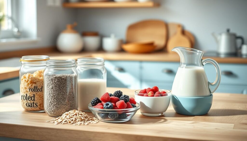 a well-lit, minimalist kitchen counter with wooden textures and light blue accents. An assortment of breakfast ingredients are carefully arranged, including jars of rolled oats, chia seeds, mixed berries, honey, and a carafe of milk. Soft natural lighting illuminates the scene, creating a warm and inviting atmosphere. The composition emphasizes the selection of wholesome, high-quality ingredients for an overnight breakfast recipe, reflecting the care and preparation needed for a nourishing make-ahead meal.