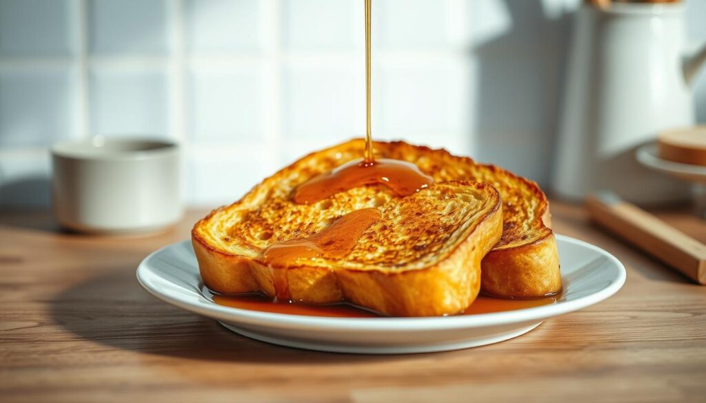 golden brown french toast slices arranged on a white plate, crisp edges and a soft, fluffy interior, drizzled with a rich, maple-infused syrup that glistens in the warm, natural lighting, placed on a wooden table with a light blue ceramic tile background, creating a cozy, minimalist kitchen atmosphere, captured with a shallow depth of field to draw the eye to the delectable toast, no hand visible, a tempting and mouthwatering scene to illustrate the detailed recipe walkthrough