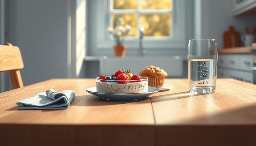 high quality, detailed digital illustration of a wooden table in a cozy, minimal kitchen with light blue accents, featuring a plate of overnight oats with fresh berries, a muffin on a napkin, and a glass of water, all lit by warm, soft natural lighting from a window, with a clean, minimalist atmosphere