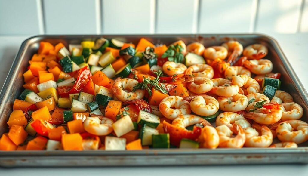 A Mediterranean-inspired sheet pan filled with vibrant vegetables, succulent shrimp, and aromatic herbs, arranged in an enticing step-by-step fashion. The camera captures the scene from a slightly elevated angle, showcasing the various preparation stages - diced peppers, sliced zucchini, and marinated shrimp, all waiting to be roasted to perfection. The warm, natural lighting casts a gentle glow, accentuating the textures and colors of the ingredients. The minimal, light blue-accented kitchen provides a clean, uncluttered backdrop, allowing the culinary process to take center stage.