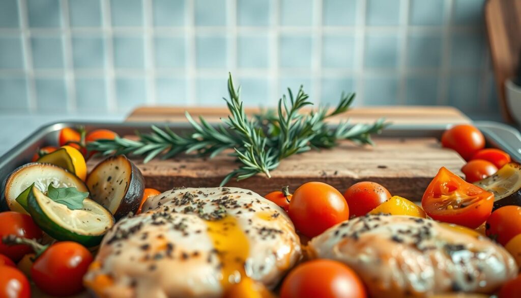 A Mediterranean-inspired sheet pan meal, featuring a colorful arrangement of roasted vegetables, lean protein, and fragrant herbs. In the foreground, tender chicken thighs are arranged alongside vibrant bell peppers, zucchini, and cherry tomatoes, drizzled with olive oil and seasoned with a blend of oregano, garlic, and lemon. In the middle ground, a rustic wooden cutting board supports fresh sprigs of rosemary and thyme, complementing the natural tones of the kitchen. The background features a light blue tiled backsplash, adding a serene, Mediterranean-inspired ambiance to the scene, all captured in soft, natural lighting through a wide-angle lens.