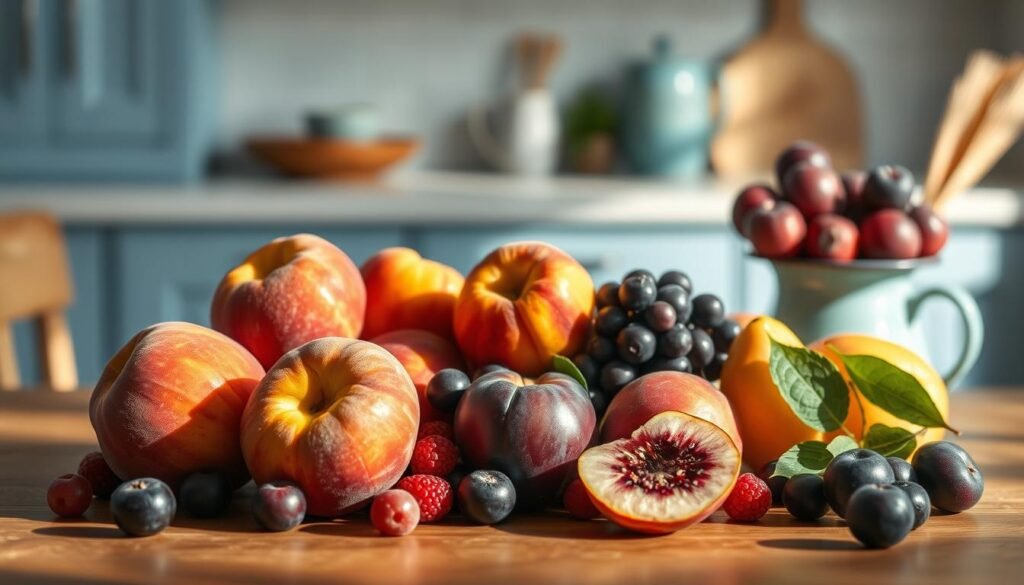 A artfully arranged still life of fresh, seasonal low-sugar fruits in a cozy, minimalist kitchen setting. Ripe peaches, plums, and berries sit atop a wooden table, their vibrant colors and natural textures complemented by the light blue accents of the surrounding environment. Soft, natural lighting casts gentle shadows, highlighting the fruits' lustrous skins and emphasizing their nutritional value. The composition conveys a sense of simplicity, health, and seasonal abundance, perfectly suited to illustrate the introduction to low-sugar breakfast fruits.