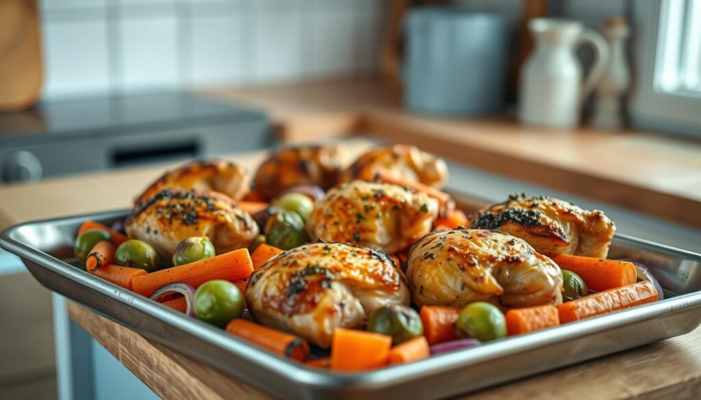 A baking sheet filled with perfectly roasted chicken thighs, golden brown and crispy, surrounded by a medley of colorful vegetables - carrots, Brussels sprouts, and red onions. The aroma of herbs and garlic fills the air in this cozy, minimal kitchen, with its wooden countertops and light blue accents. The scene is illuminated by natural light streaming in from a nearby window, casting a warm, inviting glow over the entire composition. The chicken pieces are arranged artfully, each one showcasing its unique texture and caramelized edges, ready to be enjoyed as part of a quick, nourishing lunch.