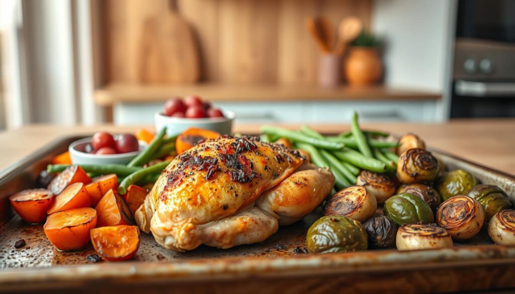 A balanced Paleo meal arranged on a rustic sheet pan. In the foreground, a succulent roasted chicken thigh, seasoned with earthy herbs and spices. Surrounding it, a colorful medley of fresh vegetables - tender roasted sweet potatoes, crisp green beans, and caramelized Brussels sprouts. The midground features a small bowl of vibrant, nutrient-dense berries, adding a pop of color. The background showcases the minimalist kitchen, with wooden textures and light blue accents, creating a cozy, inviting atmosphere. The scene is illuminated by warm, natural lighting, highlighting the nourishing, wholesome Paleo ingredients. This balanced, visually appealing meal embodies the nutritional benefits of a Paleo sheet pan recipe.