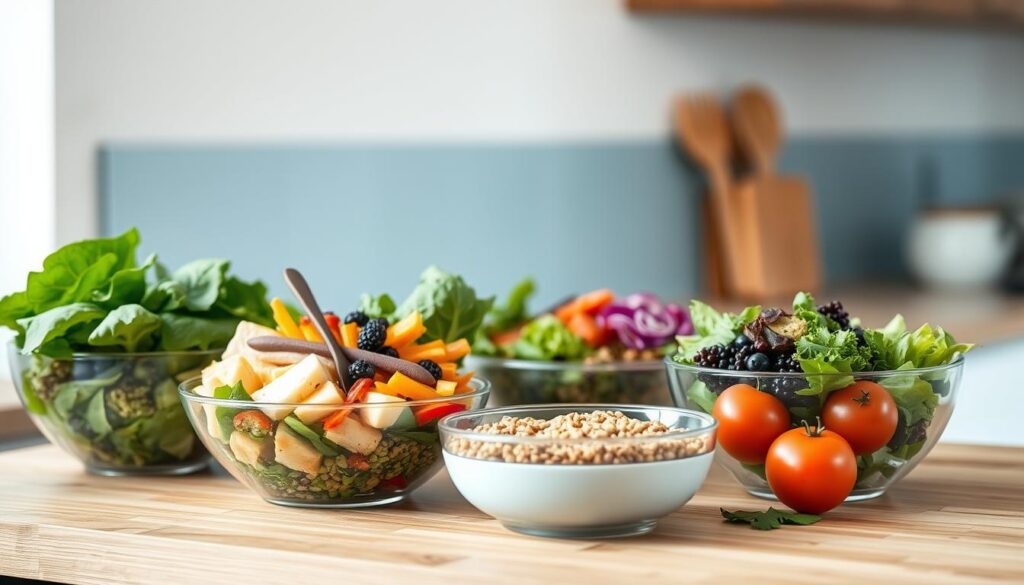 A balanced arrangement of vibrant, nutrient-dense bowls filled with an assortment of wholesome ingredients, such as fresh greens, colorful vegetables, lean proteins, and whole grains. The bowls are strategically positioned on a wooden kitchen counter, bathed in soft, natural lighting that accentuates their appealing textures and hues. The minimalist backdrop, with light blue accents, creates a serene and inviting atmosphere, inspiring a sense of nourishment and well-being for a healthy workplace lifestyle.