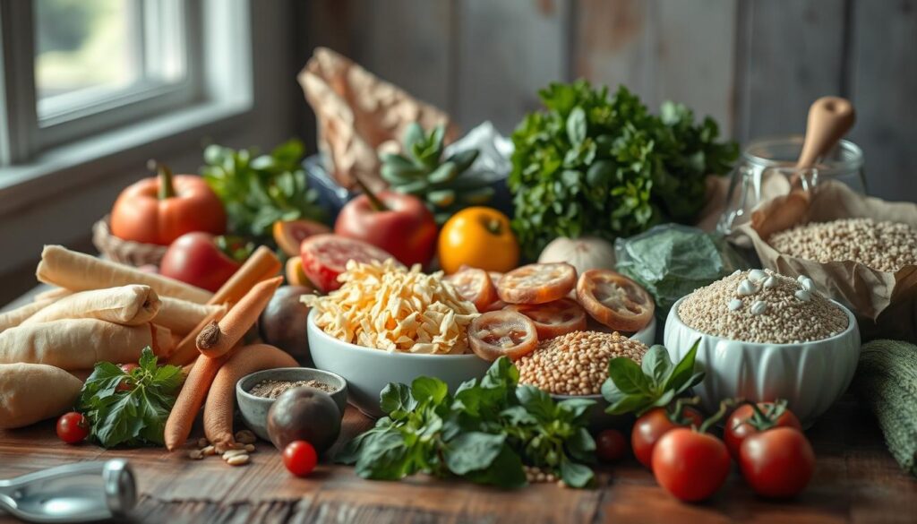 A balanced assortment of fresh, wholesome ingredients arranged on a rustic wooden table, bathed in soft, natural light. A variety of crisp vegetables, vibrant fruits, lean proteins, and whole grains create a visually appealing and nutritionally complete spread. The composition is harmonious, with each element complementing the others in color, texture, and shape. The overall mood is one of simplicity, health, and culinary delight, inviting the viewer to imagine the delicious and nourishing meal that could be prepared from these well-chosen, high-quality components.