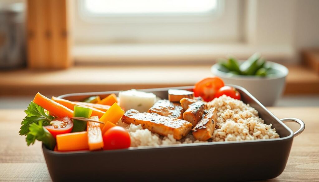 A balanced bento box featuring an assortment of neatly arranged, visually appealing components. In the foreground, a selection of fresh vegetables, such as crisp carrots, juicy cherry tomatoes, and vibrant bell pepper slices, create a colorful mosaic. The middle ground showcases a perfectly cooked protein, perhaps grilled chicken or marinated tofu, glistening with a light glaze. Nestled alongside are fluffy grains, such as aromatic jasmine rice or hearty quinoa. In the background, a small dish of savory, umami-rich edamame completes the ensemble. Bathed in soft, natural lighting that filters through a kitchen window, the bento box sits atop a wooden surface, exuding a sense of balance, harmony, and a commitment to healthy, mindful eating.