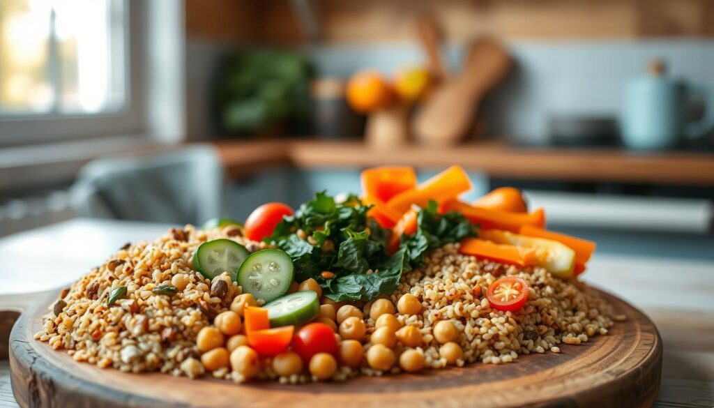A balanced lunch with a medley of colorful grains, legumes, and fresh vegetables arranged artfully on a rustic wooden board. In the foreground, quinoa, brown rice, and farro nestle alongside roasted chickpeas and sliced cucumbers, carrots, and cherry tomatoes. The middle ground features a vibrant cluster of sautéed kale and bell peppers, while the background showcases the cozy kitchen's wooden textures and light blue accents. Soft, even lighting from an unseen window casts a warm, natural glow over the scene, creating a sense of simplicity and nourishment.