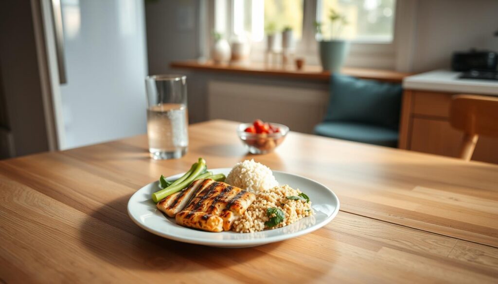 A balanced macronutrient lunch rests on a simple, wooden table in a cozy, minimalist kitchen. In the foreground, a plate holds a perfectly portioned mix of grilled chicken, steamed vegetables, and a scoop of quinoa, all arranged with thoughtful artistry. The middle ground features a glass of cool water and a small bowl of fresh berries, adding pops of color and natural sweetness. Soft, natural light filters in through a nearby window, casting a warm glow and creating gentle shadows that accentuate the textures of the wooden table and light blue accents around the room. The overall atmosphere is one of simplicity, nourishment, and efficiency - a time-saving, high-protein lunch prepared with care.