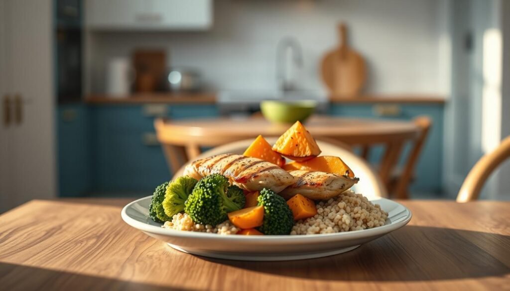 A balanced macronutrient plate set on a wooden table in a cozy, minimal kitchen with light blue accents. The plate showcases an artful arrangement of grilled chicken, roasted sweet potatoes, steamed broccoli, and a small side of quinoa. Warm, directional lighting casts soft shadows, highlighting the vibrant colors and textures of the fresh, wholesome ingredients. The composition is visually appealing and the overall mood is one of simplicity, nourishment, and athletic performance recovery.