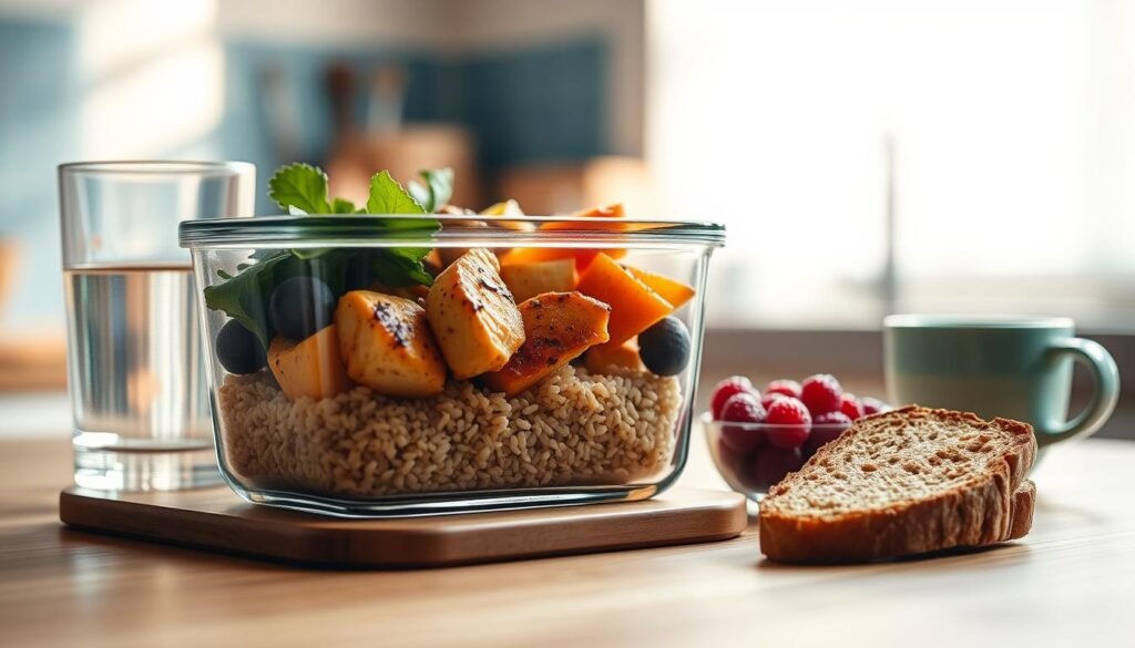 A balanced, macronutrient-rich meal prep arrangement on a wooden kitchen counter, bathed in warm, natural light. A glass meal prep container filled with grilled chicken, brown rice, and roasted vegetables sits alongside a glass of water, a small bowl of fresh berries, and a slice of whole-grain toast. The composition is visually appealing, with clean lines and a minimalist, calming aesthetic. Subtle blue accents in the background add a soothing touch, creating an inviting, healthy atmosphere.