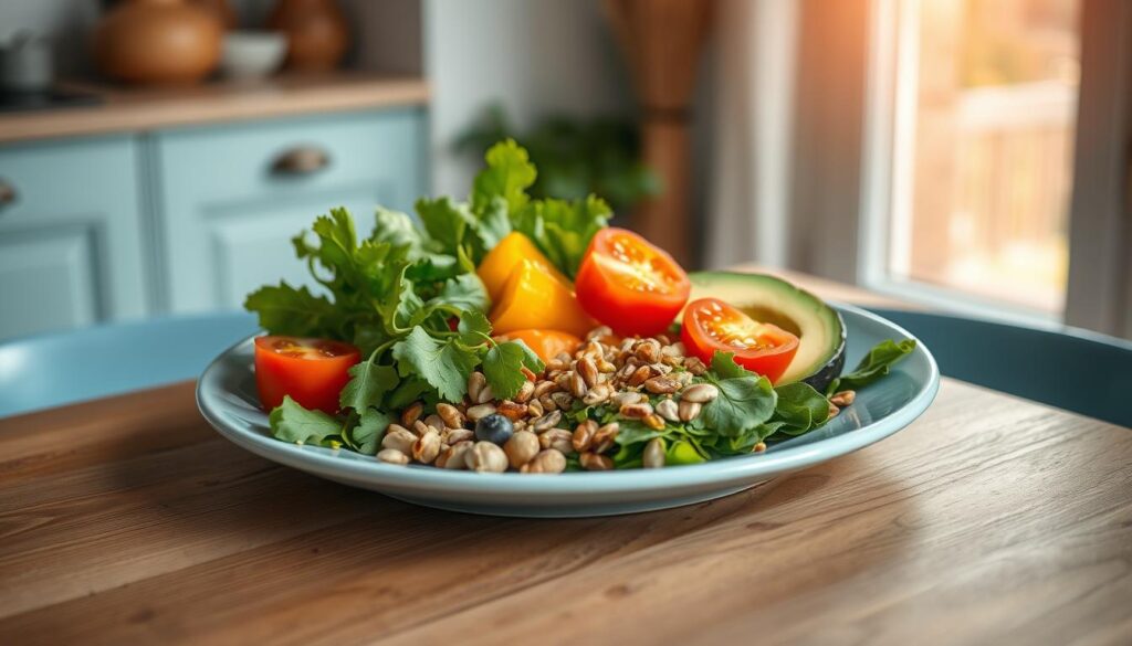 A balanced meal arrangement set against a cozy, minimalist kitchen backdrop. On a light blue ceramic plate, a selection of vibrant, fresh ingredients artfully arranged: crisp greens, juicy tomatoes, crunchy bell peppers, creamy avocado slices, and a scattering of nuts and seeds. The wooden table surface and light blue accent tones create a calming, natural atmosphere. Soft, diffused lighting from a nearby window casts a warm glow, highlighting the textures and colors of the carefully curated components. The overall composition conveys a sense of nourishment, simplicity, and visual harmony.