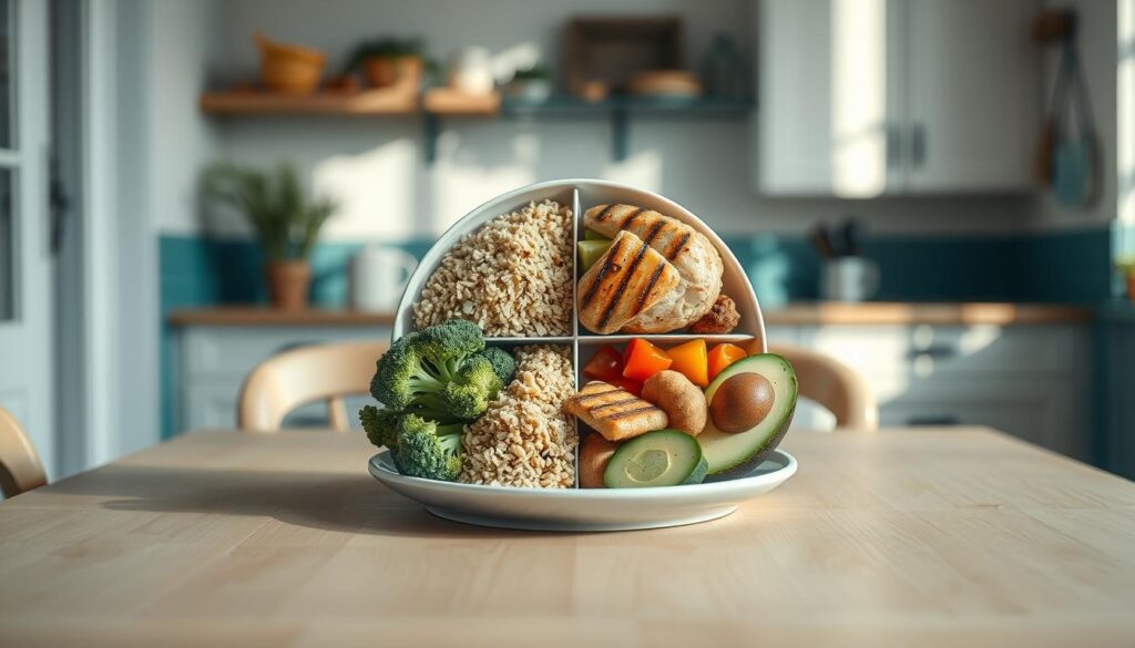 A balanced meal framework displayed on a light wooden table in a cozy, minimal kitchen setting. Centered composition shows four quadrants representing the key food groups - lean proteins, whole grains, fruits/vegetables, and healthy fats. Each quadrant is visually distinct with relevant ingredients, such as grilled chicken, quinoa, broccoli, and avocado slices. Soft blue accents in the background complement the warm, natural tones. Indirect lighting casts gentle shadows, creating depth and a calming atmosphere. The arrangement conveys a sense of simplicity, nutrition, and a holistic approach to mealtime.