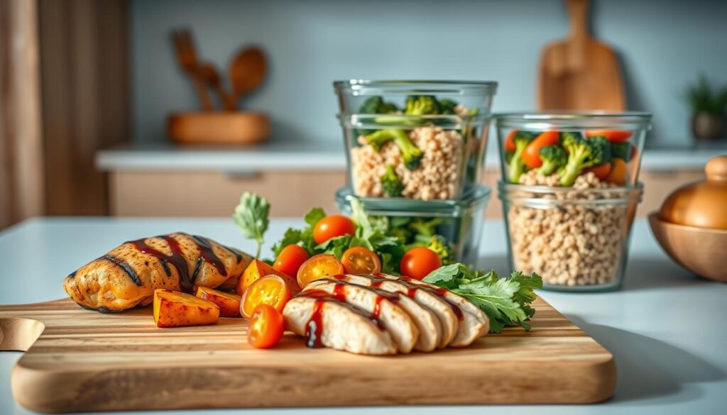 A balanced meal prep arrangement featuring a variety of colorful, nutrient-dense ingredients. In the foreground, a wooden cutting board displays grilled chicken breasts, roasted sweet potatoes, and a fresh salad with mixed greens, cherry tomatoes, and a drizzle of balsamic glaze. In the middle ground, glass containers filled with quinoa and sautéed broccoli reside on a light blue countertop. The background features a minimalist kitchen with natural wood tones and subtle pops of blue, creating a warm, inviting atmosphere. Soft, natural lighting illuminates the scene, highlighting the textures and vibrant colors of the balanced, flavorful meal prep.