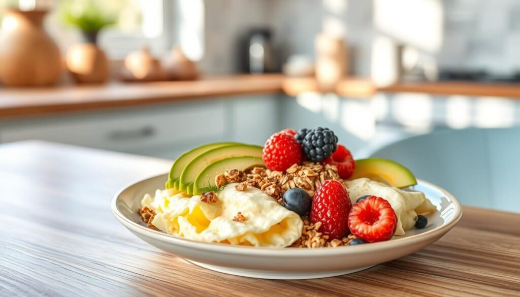 A balanced morning meal bursting with energy-boosting ingredients. In a cozy, minimal kitchen with wooden textures and light blue accents, a plate showcases a perfectly composed breakfast - fluffy scrambled eggs, crisp avocado slices, crunchy granola, and juicy berries. Soft, natural lighting filters through the windows, casting a warm glow over the scene. The meal emanates vitality and nourishment, a testament to the benefits of a low-sugar start to the day.