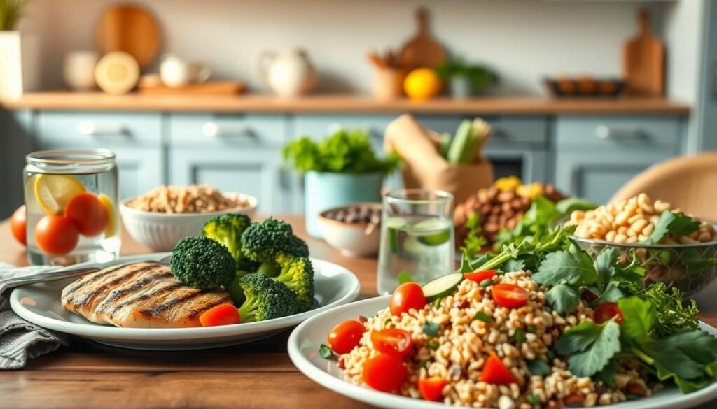 A balanced nutrition meal featuring a variety of colorful and fresh ingredients on a wooden table. In the foreground, a plate showcases a grilled chicken breast, steamed broccoli, and a quinoa-based salad with cherry tomatoes, cucumbers, and fresh herbs. A glass of water with lemon slices and a napkin complete the setting. The middle ground includes an array of whole grains, beans, nuts, and leafy greens, conveying the diverse components of a well-rounded, nourishing meal. The background depicts a minimalist kitchen with light blue accents, wooden textures, and warm, natural lighting, creating a cozy, inviting atmosphere.