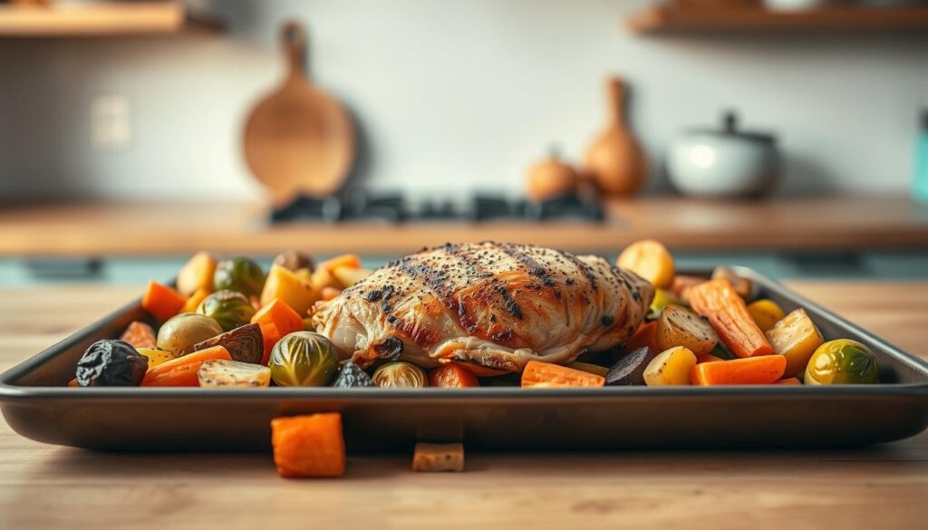 A balanced sheet pan meal set atop a wooden kitchen counter, showcasing an array of roasted vegetables and a succulent protein. In the foreground, a mix of crisp brussels sprouts, tender carrots, and golden-brown potatoes create a visually appealing medley of textures and colors. The centerpiece is a juicy, seared chicken breast, its skin glistening under the warm, diffused lighting. The background features a minimalist kitchen setting with light blue accents, creating a cozy, inviting atmosphere. The composition is framed by the clean lines of the wooden counter, enhancing the natural, homemade feel of the scene.