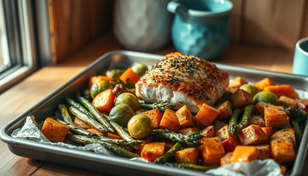 A balanced sheet pan meal with a perfectly seared protein and an array of vibrant roasted vegetables. The protein, perhaps a juicy chicken breast or succulent salmon fillet, is placed atop a bed of tender Brussels sprouts, earthy sweet potatoes, and crisp asparagus spears. Sprinkled with a harmonious blend of aromatic herbs and spices, the meal exudes a mouthwatering aroma in the cozy, minimal kitchen, with its wooden textures and light blue accents. The lighting casts a warm, golden glow, highlighting the textures and colors of the dish, creating a visually enticing and appetizing scene.