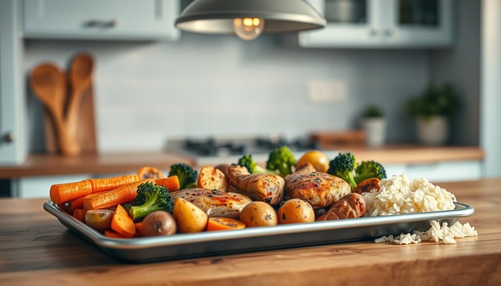 A balanced sheet pan meal with an assortment of roasted vegetables, protein, and starch arranged in a visually appealing manner. Carrots, broccoli, and potatoes sit alongside juicy chicken thighs, all bathed in warm, golden light from an overhead lamp. The wooden kitchen countertop provides a natural, earthy backdrop, while light blue accents on the walls and cabinets lend a calming, minimalist atmosphere. The clean, uncluttered composition emphasizes the simple, wholesome nature of the dish, ready to be effortlessly prepared with minimal supervision.