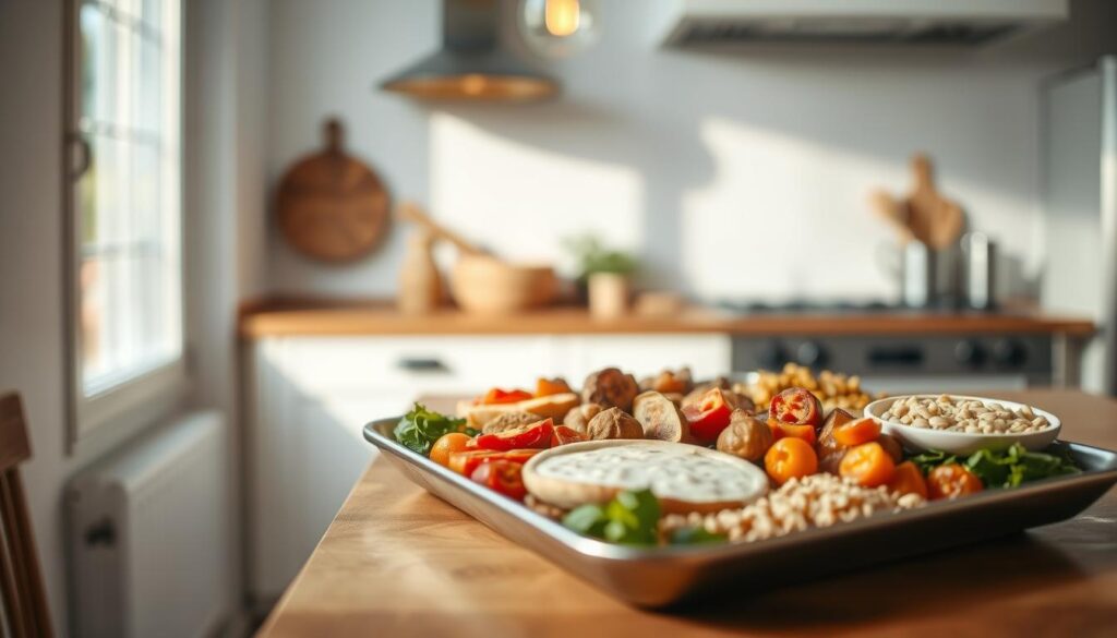 A balanced sheet pan meal with roasted vegetables, lean protein, and whole grains arranged in a visually appealing layout. The pan sits on a wooden kitchen counter, with a soft, natural light spilling in from a nearby window. The colors are muted and harmonious, creating a calming, minimalist atmosphere. Overhead, a simple pendant light casts a warm glow, accentuating the textures of the ingredients. The overall composition conveys a sense of simplicity, organization, and a healthful approach to meal planning.