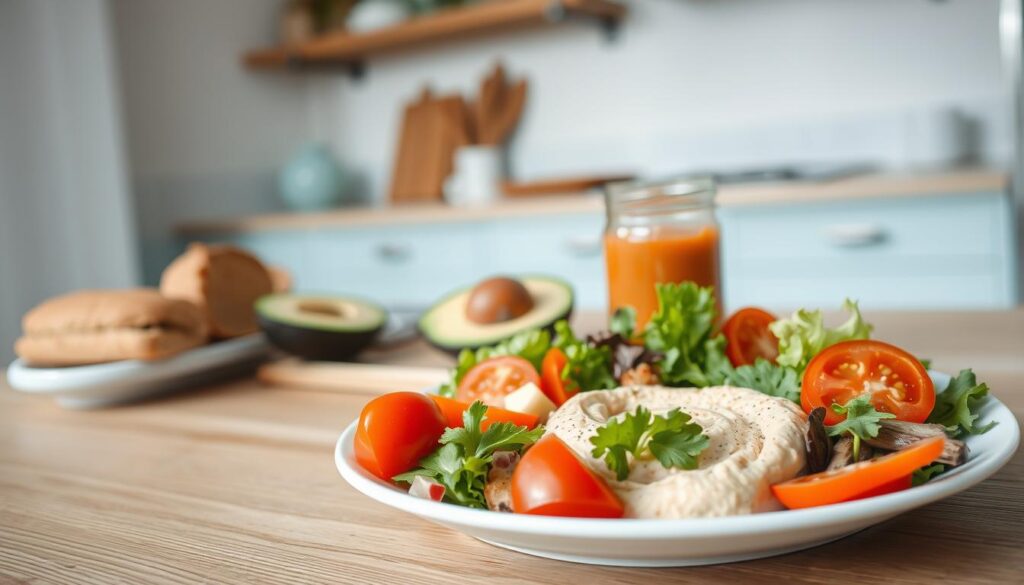A balanced, visually appealing cold meal arranged on a wooden table. In the foreground, a neatly composed plate features an assortment of vibrant, fresh ingredients - crisp greens, juicy cherry tomatoes, creamy hummus, and crunchy vegetables. In the middle ground, various meal components are thoughtfully placed - a whole-grain roll, sliced avocado, and a small glass jar of chilled gazpacho. The background showcases a minimalist kitchen setting with light blue accents, muted natural tones, and soft, diffused lighting that creates a cozy, inviting atmosphere.