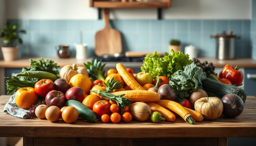 A beautiful seasonal produce guide displayed on a wooden table in a cozy, minimalist kitchen. The foreground features an assortment of fresh fruits and vegetables, meticulously arranged to showcase their vibrant colors and textures. The middle ground showcases a few simple kitchen tools, hinting at the culinary potential of these seasonal ingredients. The background is softly lit, with light blue accents adding a serene, calming atmosphere. The entire scene is captured with a warm, natural lighting, creating a sense of warmth and authenticity.