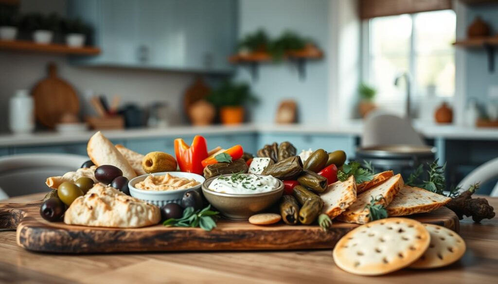 A beautifully arranged Mediterranean mezze platter with a selection of olives, dolmades, hummus, baba ghanoush, roasted red peppers, feta, pita bread, grape leaves, and fresh herbs. The platter is presented on a rustic wooden board against a backdrop of a cozy, minimal kitchen with light blue accents. Soft, even lighting from above highlights the vibrant colors and textures of the spread. The scene conveys a sense of warmth, simplicity, and the comforting pleasures of sharing a casual, communal meal.