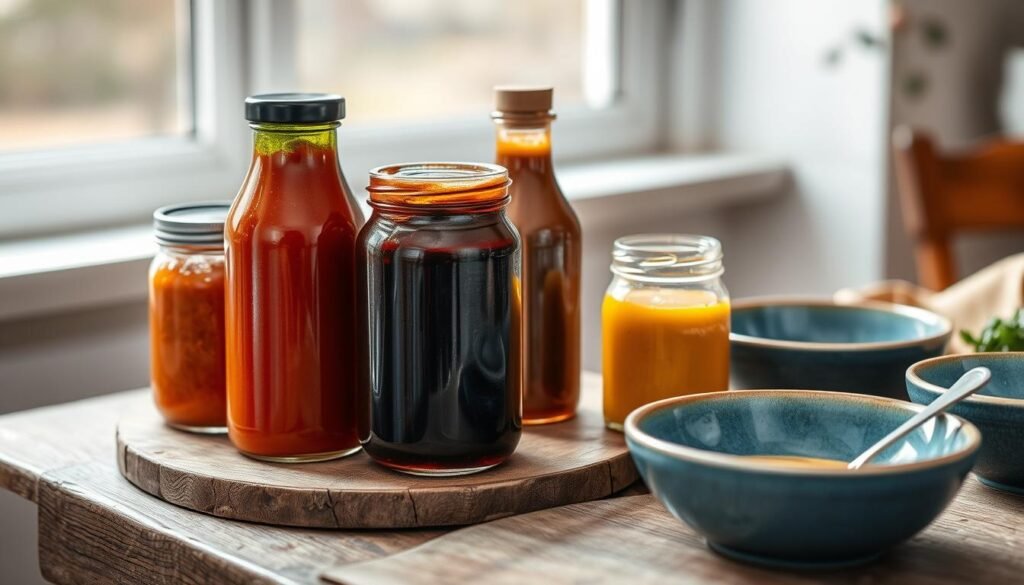 A beautifully arranged assortment of gourmet sauces and dressings in glass jars sit atop a rustic wooden table, their vibrant colors and textures inviting the viewer to explore their flavors. The soft, natural lighting from a nearby window casts a warm glow, highlighting the nuanced hues and subtle sheen of the condiments. Minimalist blue ceramic dishes and bowls sit nearby, hinting at the potential culinary creations these flavor enhancers could inspire. The scene exudes a sense of thoughtful preparation and the promise of satisfying, texture-rich meals.