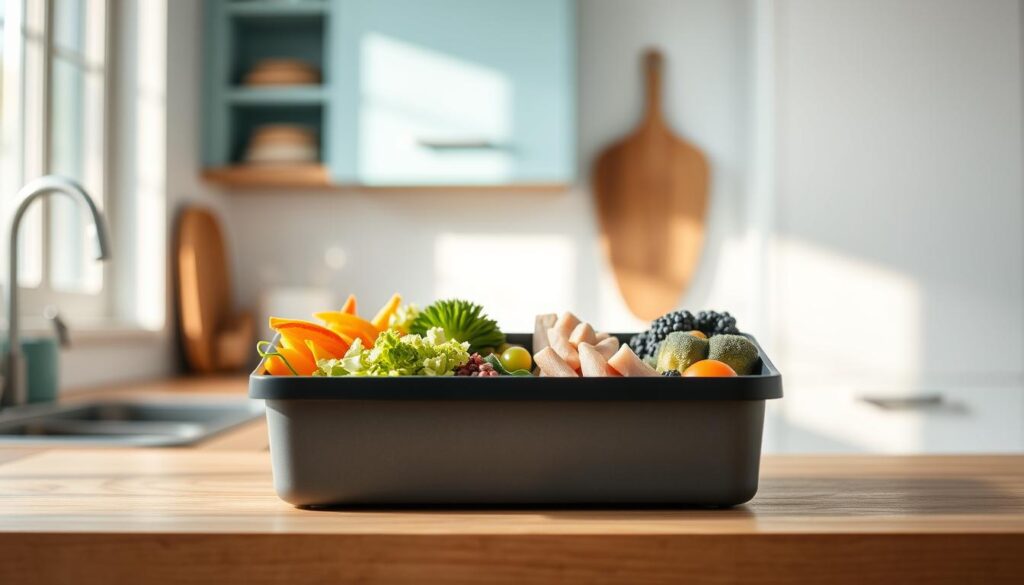 A beautifully arranged bento box sits atop a wooden kitchen counter. The box features various compartments filled with delicately prepared vegetables, perfectly portioned proteins, and a touch of vibrant color. Soft, natural lighting filters through the window, casting a warm glow on the scene. The clean, minimal kitchen design with light blue accents creates a calming, organized atmosphere, inviting the viewer to imagine the satisfying and nutritious meal waiting to be enjoyed.