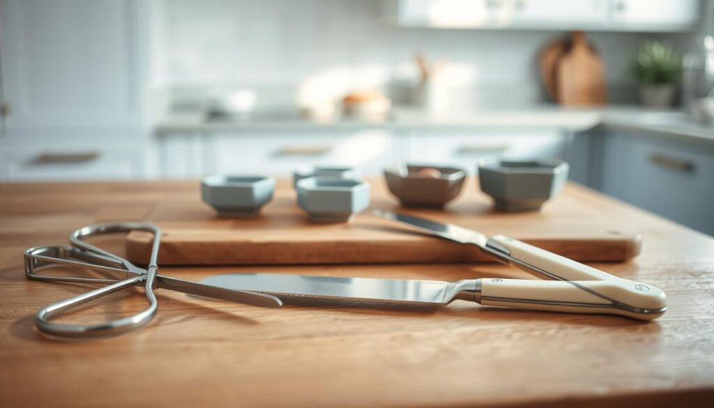 A beautifully arranged collection of elegant plating tools rests on a wooden surface, bathed in soft, natural lighting. In the foreground, a set of slender stainless steel tongs, a delicate pair of scissors, and a sharp knife with a smooth, ivory handle. In the middle ground, a selection of small, geometric ceramic dishes in soothing shades of blue-gray, complementing the wooden tones. In the background, a simple, minimal kitchen with light blue accents and clean, uncluttered lines, creating a serene, inviting atmosphere that inspires culinary artistry.